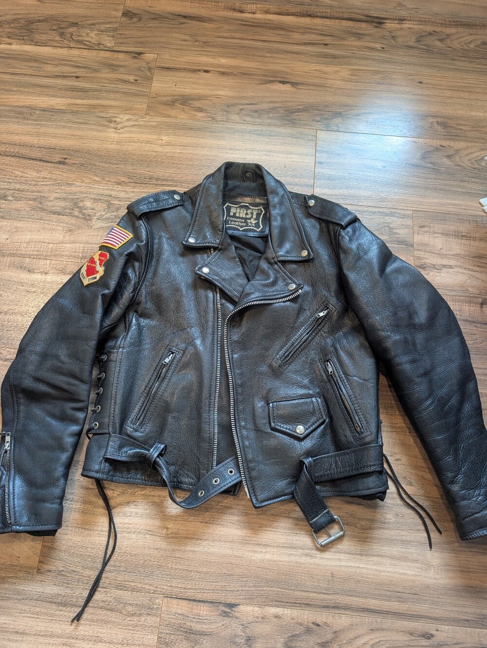 vintage First brand genuine leather motorcycle jacket, Size M Or L